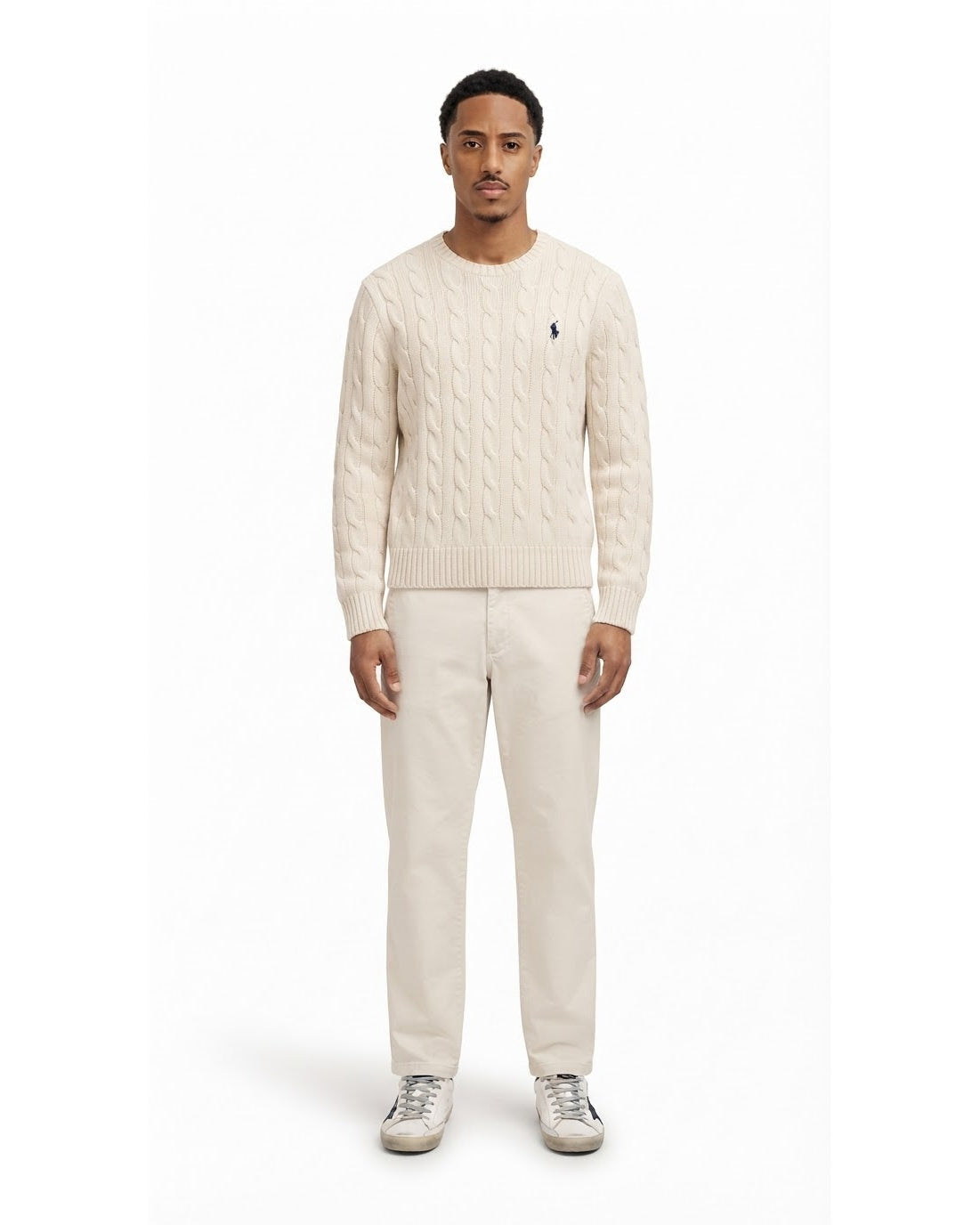 Ensemble Pull Torsadé Écru & Pantalon Écru + Baskets