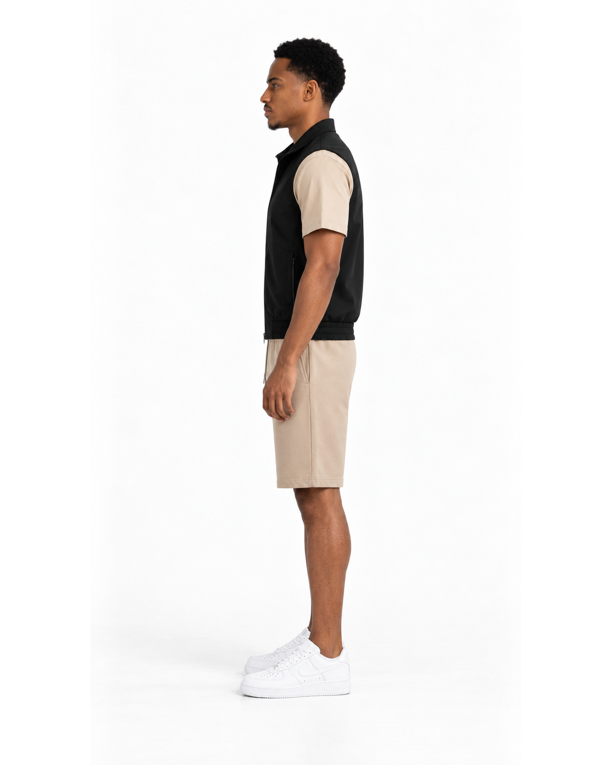 Ensemble Gilet Sans Manches Noir, T-shirt Beige & Short Beige