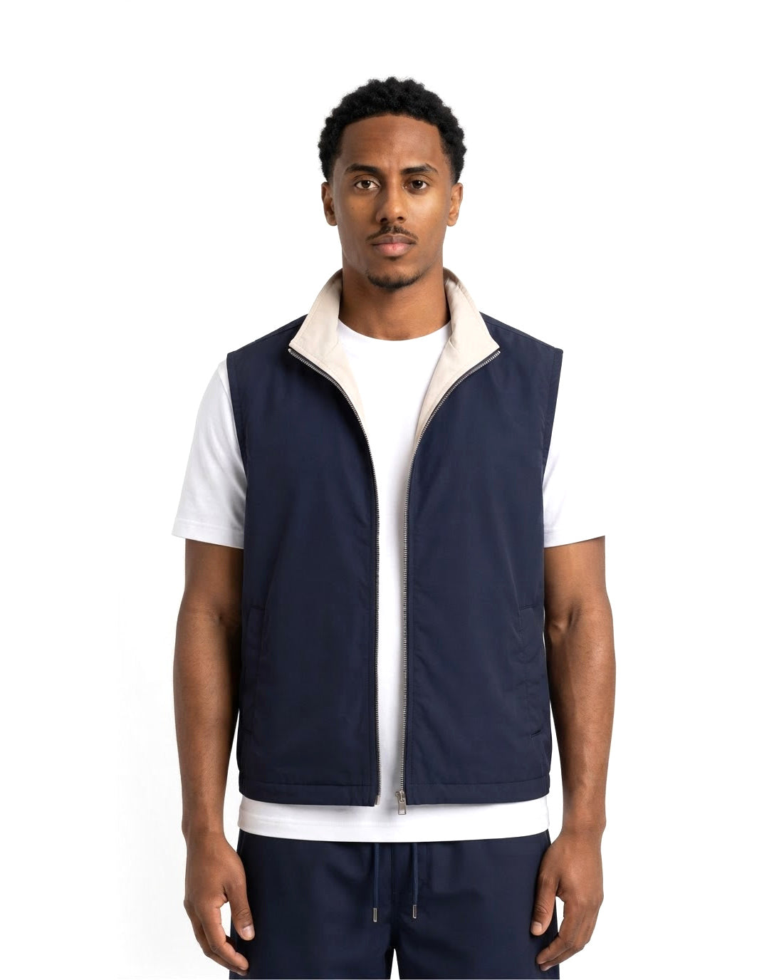 Gilet Sans Manches Zippé Marine Col Beige