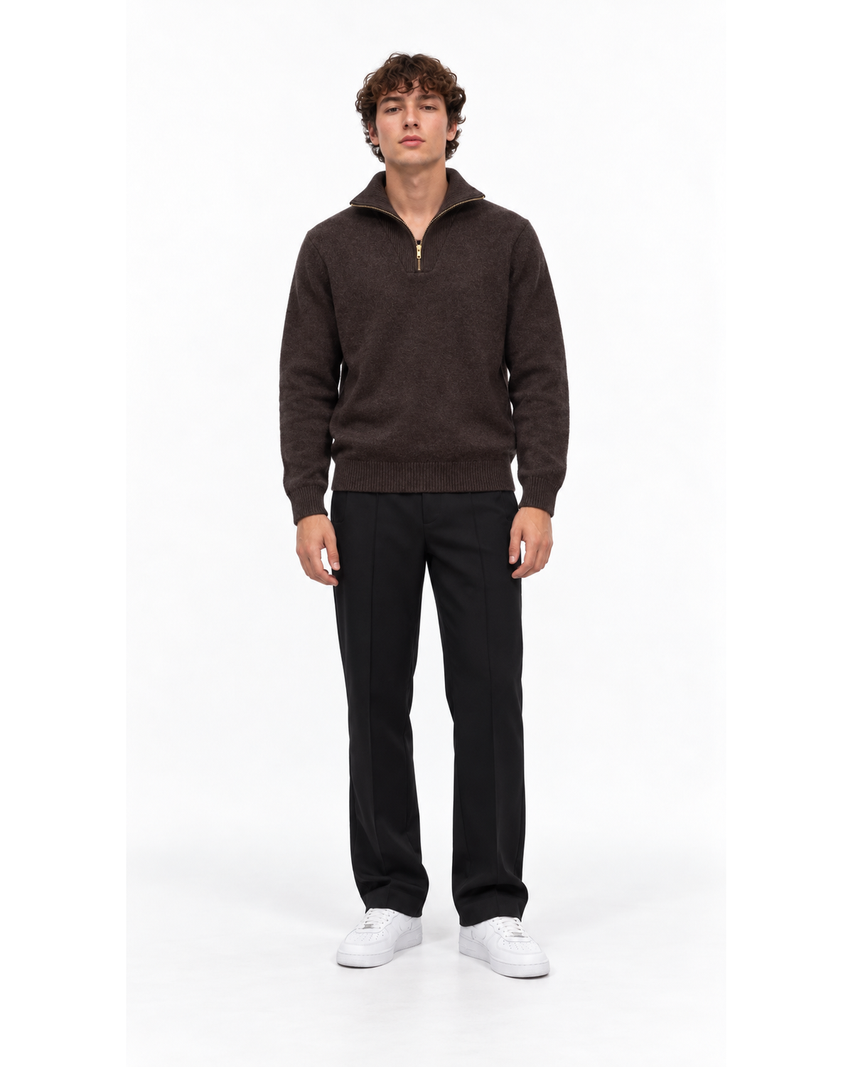 Ensemble Pull Col Zippé Marron & Pantalon Noir