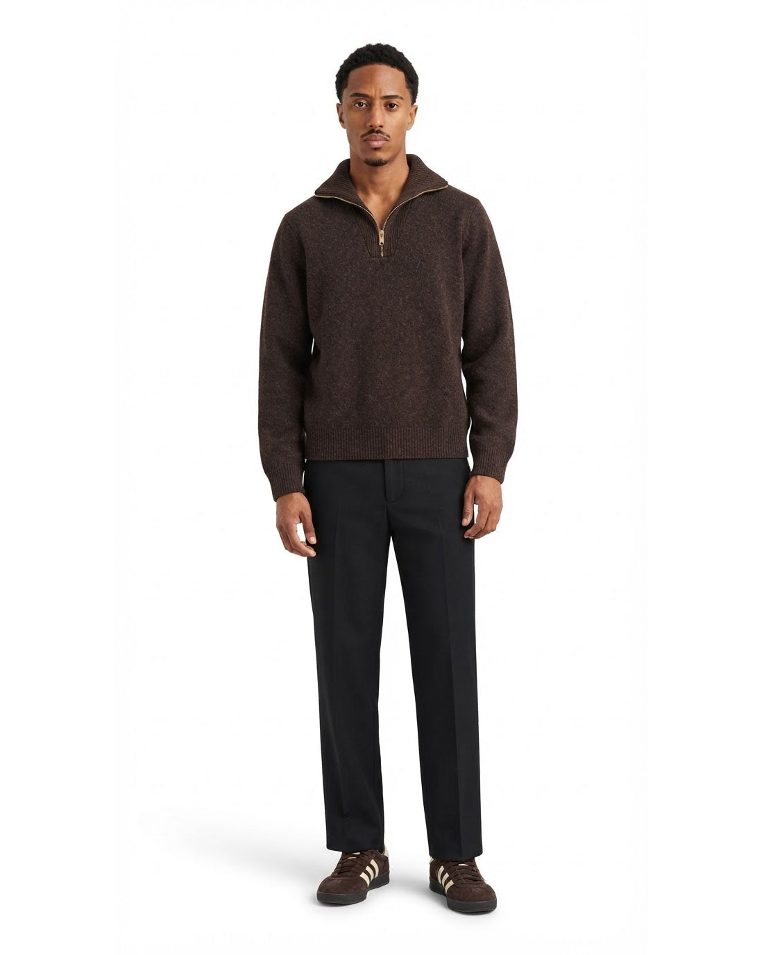 Ensemble Pull Col Zippé Marron & Pantalon Noir + Baskets