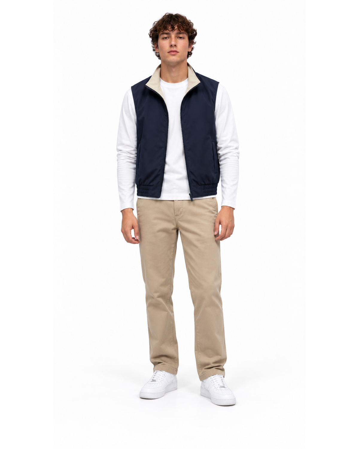 Gilet Sans Manches Zippé Marine Col Beige