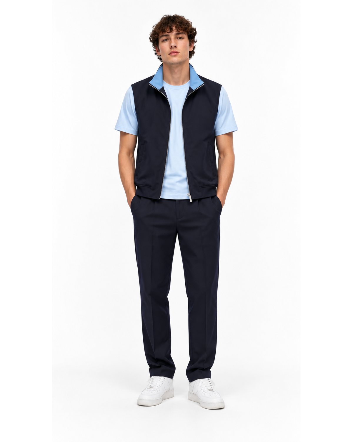 Gilet Sans Manches Zippé Marine Col Bleu Ciel