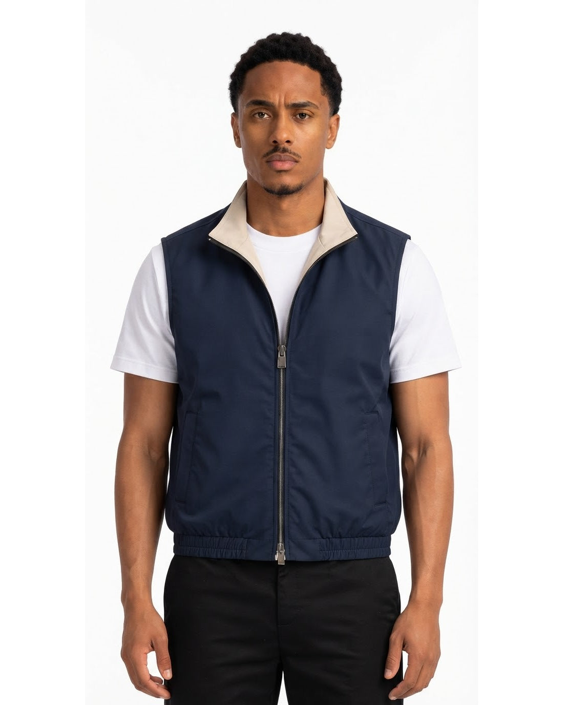 Gilet Sans Manches Zippé Marine Col Beige