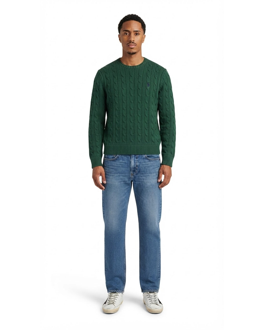 Ensemble Pull Torsadé Vert & Jean Bleu + Baskets