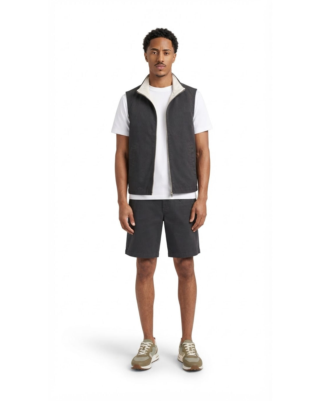 Gilet Sans Manches Zippé Gris Anthracite Col Beige
