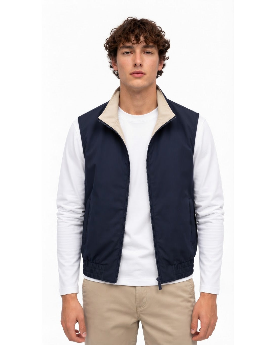 Gilet Sans Manches Zippé Marine Col Beige