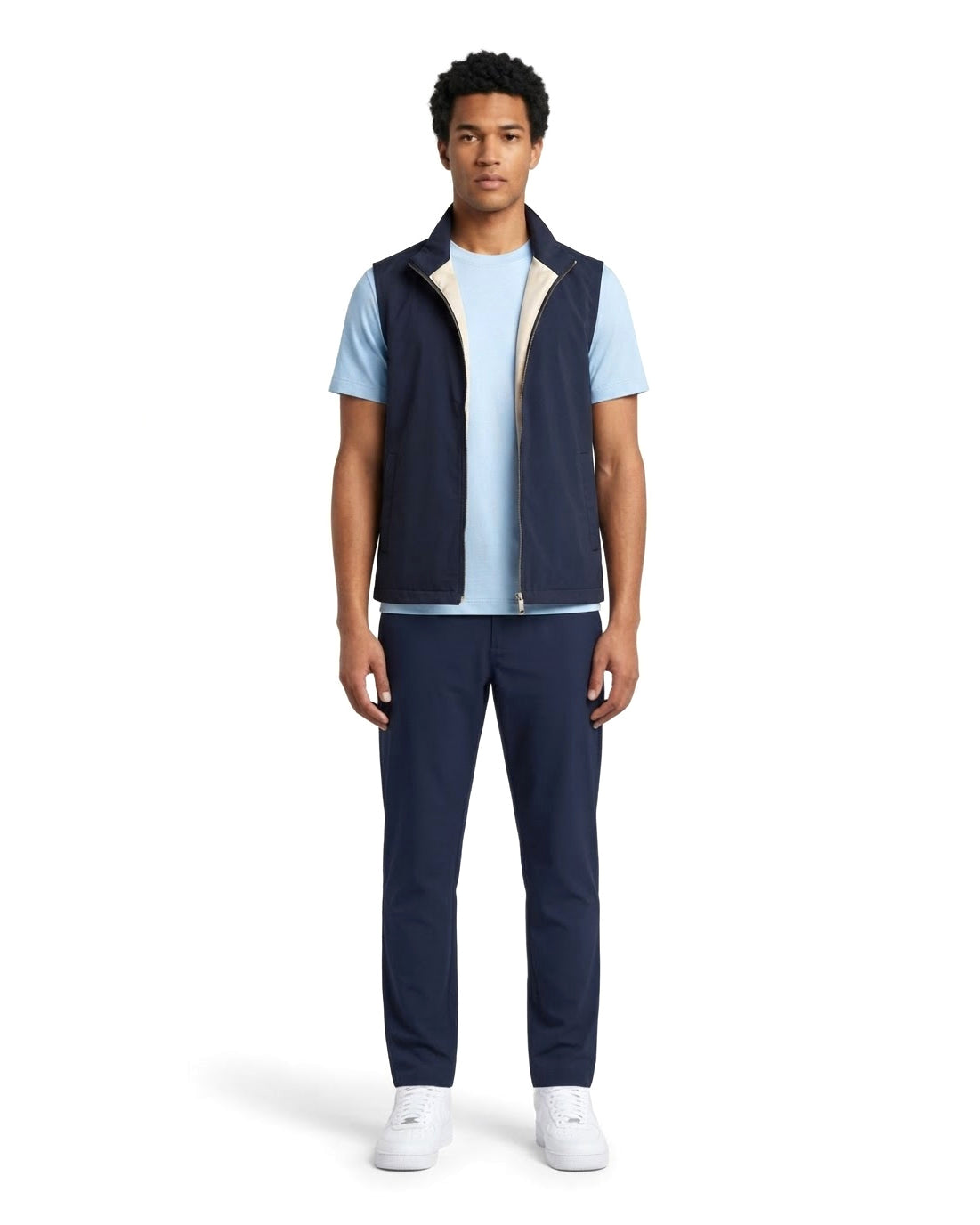Ensemble Gilet Sans Manches Marine, T-shirt Bleu Ciel & Pantalon Marine