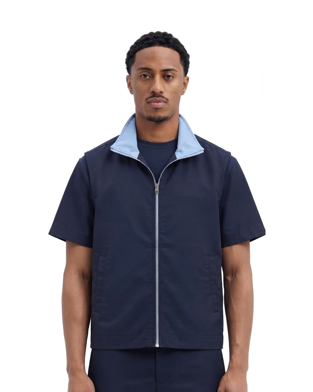 Chemise Zippée Manches Courtes Marine Col Bleu Ciel