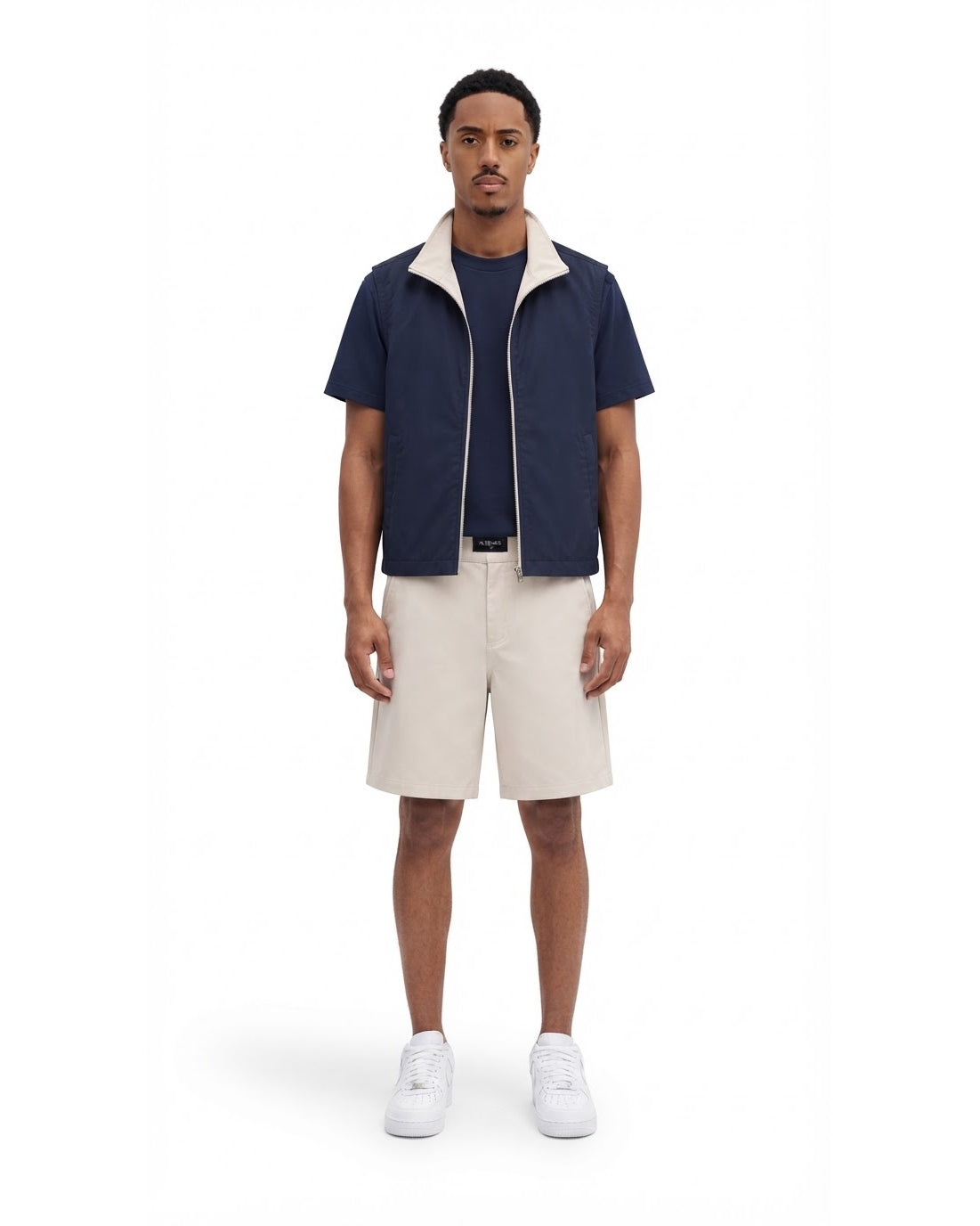 Ensemble Chemise Zippée Manches Courtes Marine & Short Écru