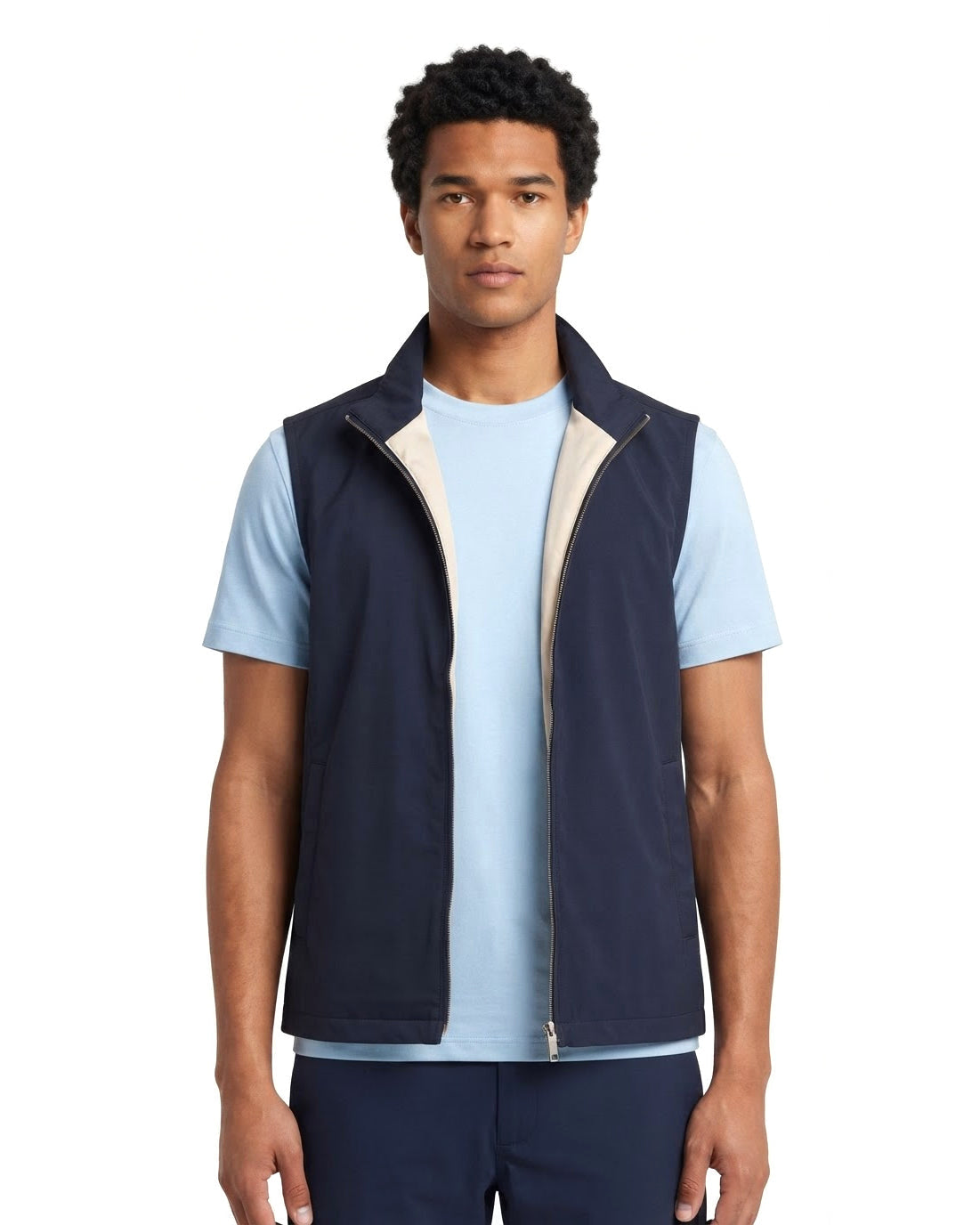 Gilet Sans Manches Zippé Marine Col Beige