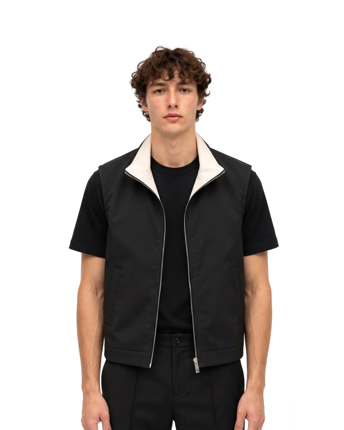 Gilet Sans Manches Zippé Noir Col Beige