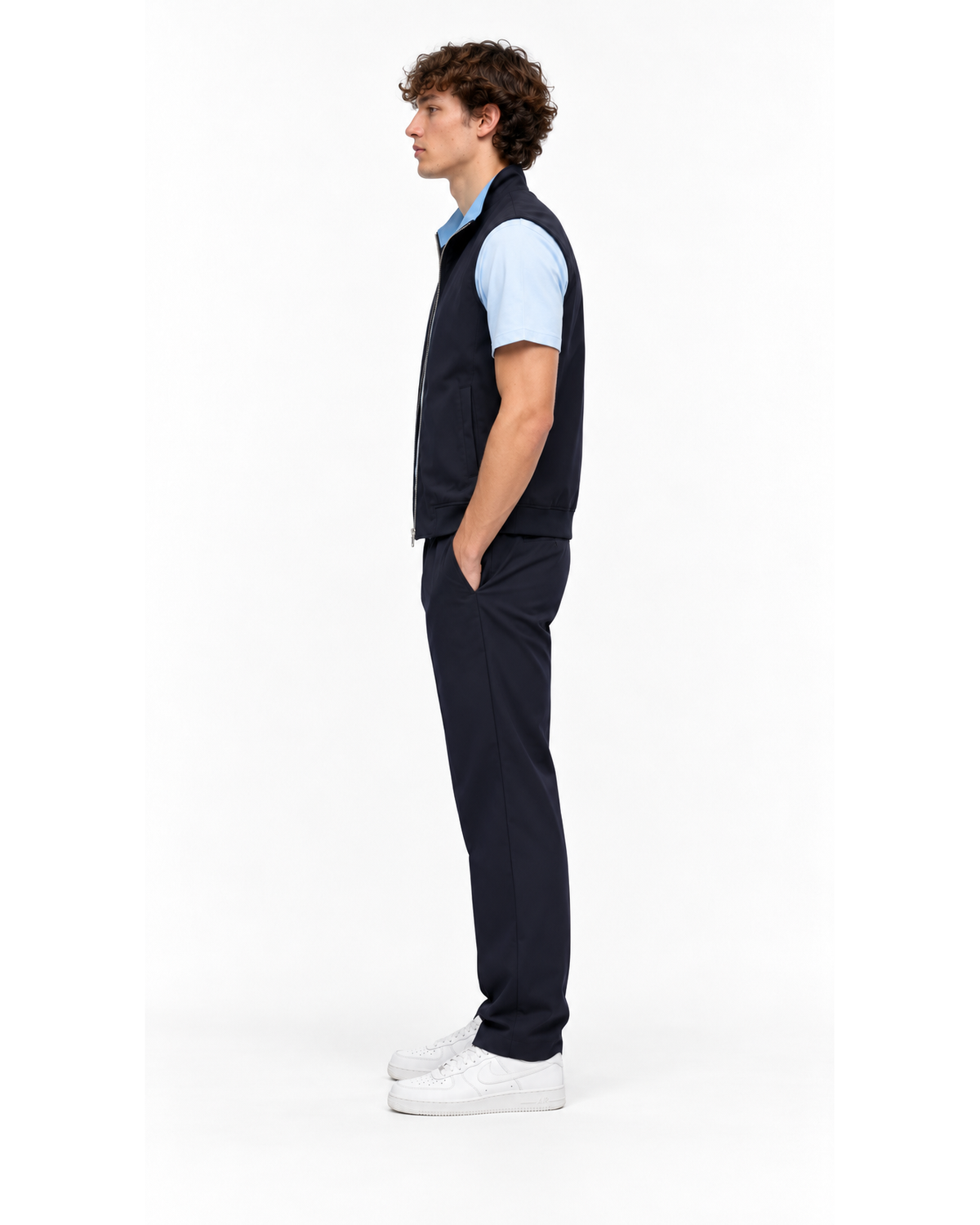 Ensemble Gilet Sans Manches Marine, T-shirt Bleu Ciel & Pantalon Marine