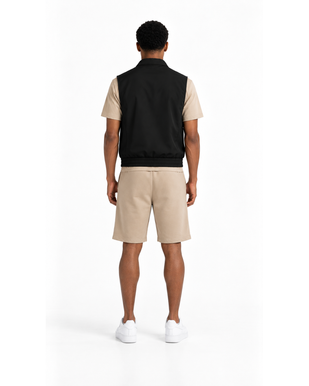 Ensemble Gilet Sans Manches Noir, T-shirt Beige & Short Beige