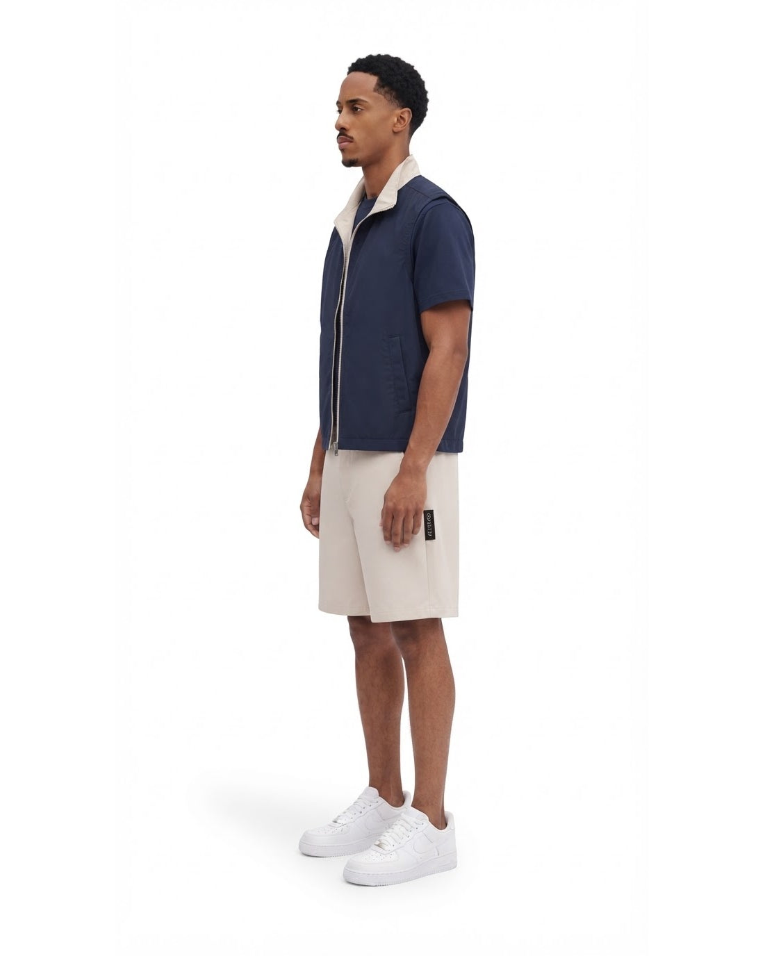 Ensemble Chemise Zippée Manches Courtes Marine & Short Écru