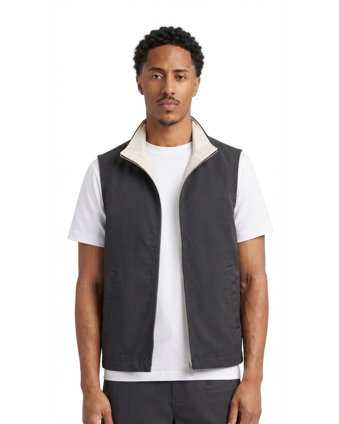 Gilet Sans Manches Zippé Gris Anthracite Col Beige