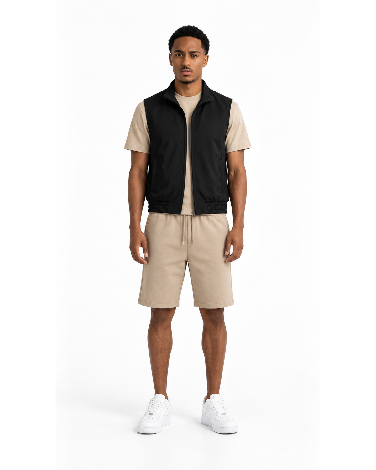 Ensemble Gilet Sans Manches Noir, T-shirt Beige & Short Beige