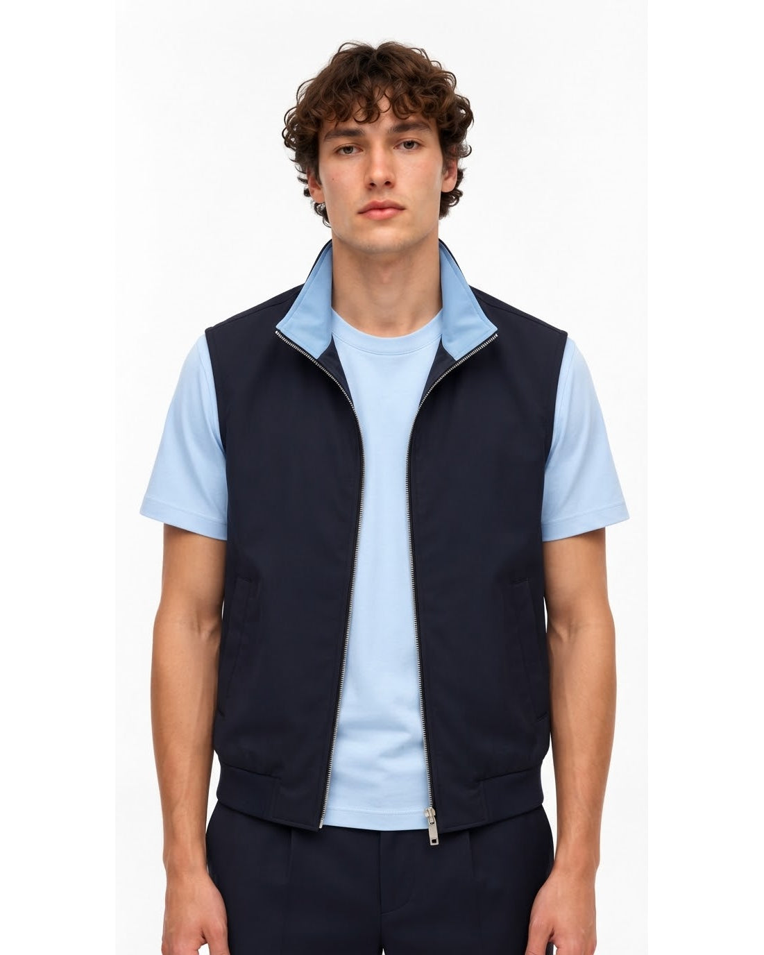 Gilet Sans Manches Zippé Marine Col Bleu Ciel