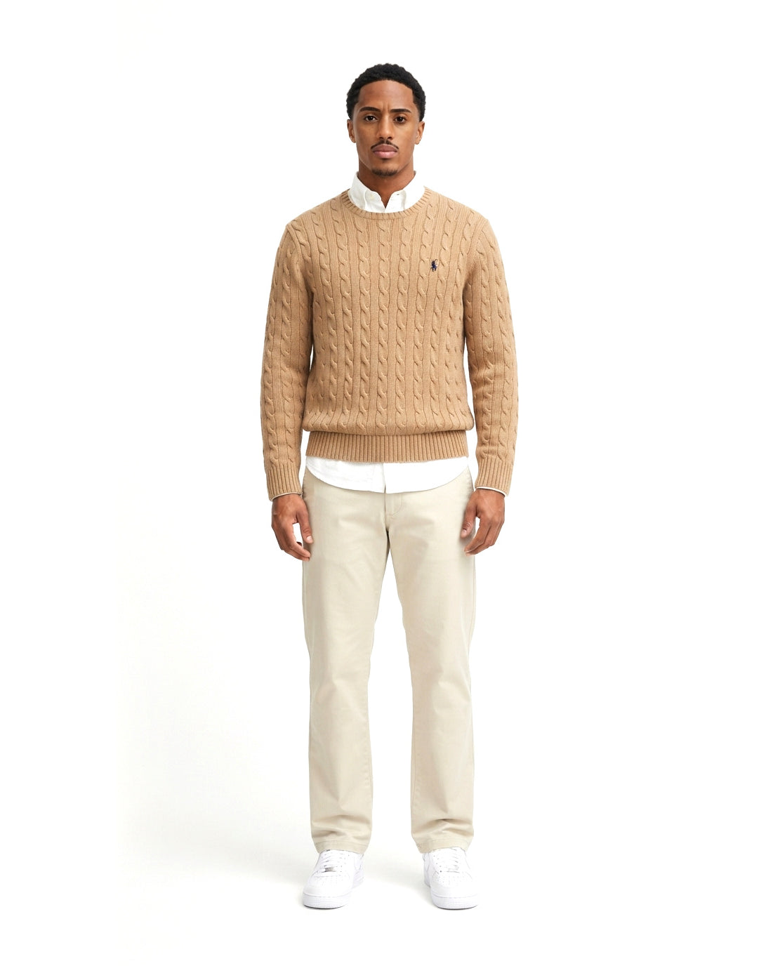 Ensemble Pull Torsadé Camel & Pantalon Écru