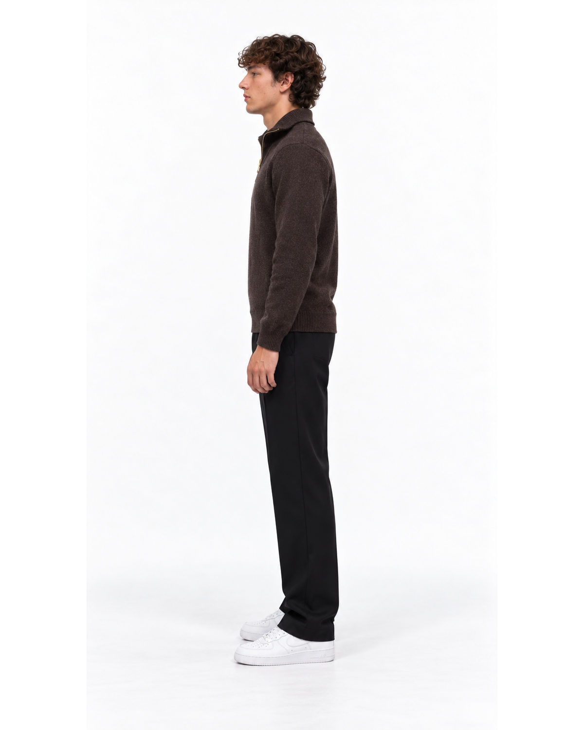 Ensemble Pull Col Zippé Marron & Pantalon Noir