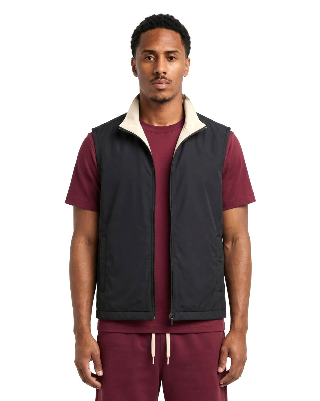 Gilet Sans Manches Zippé Noir Col Beige